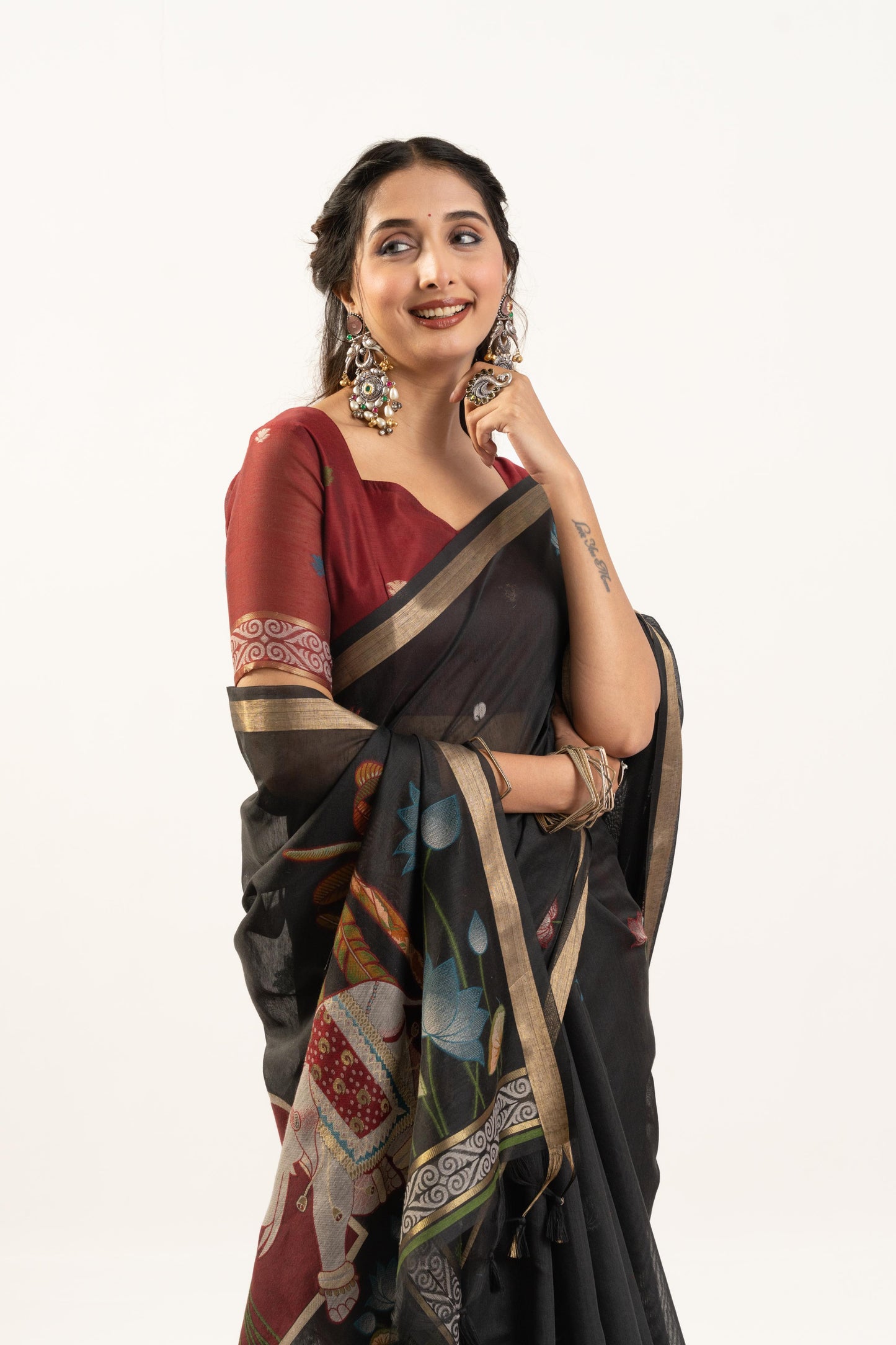 Jyoti Fashion Women's Black Soft Muga Cotton Zari Woven Saree with Blouse
