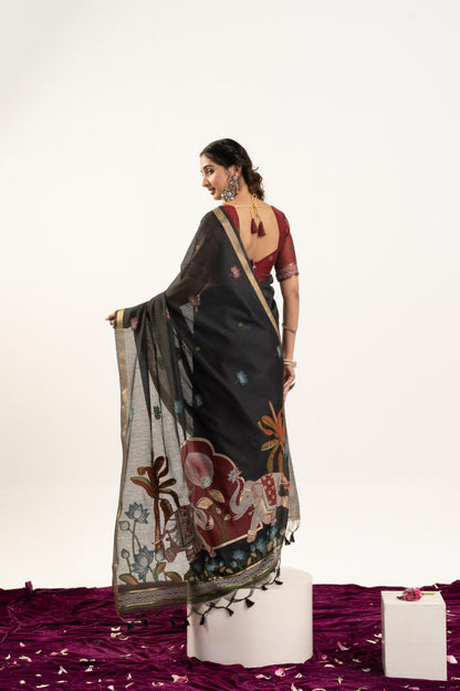 Jyoti Fashion Women's Black Soft Muga Cotton Zari Woven Saree with Blouse