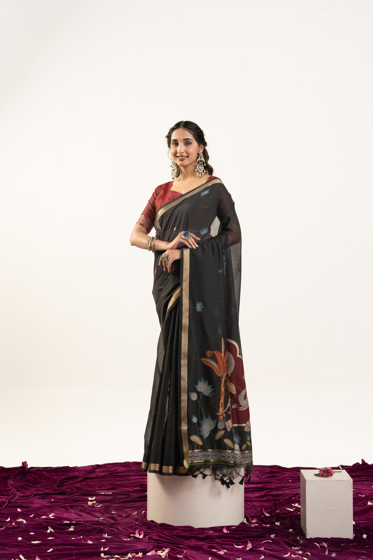 Jyoti Fashion Women's Black Soft Muga Cotton Zari Woven Saree with Blouse