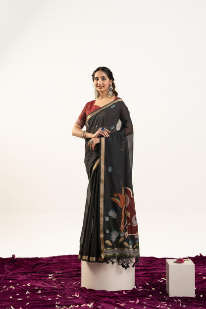 Jyoti Fashion Women's Black Soft Muga Cotton Zari Woven Saree with Blouse