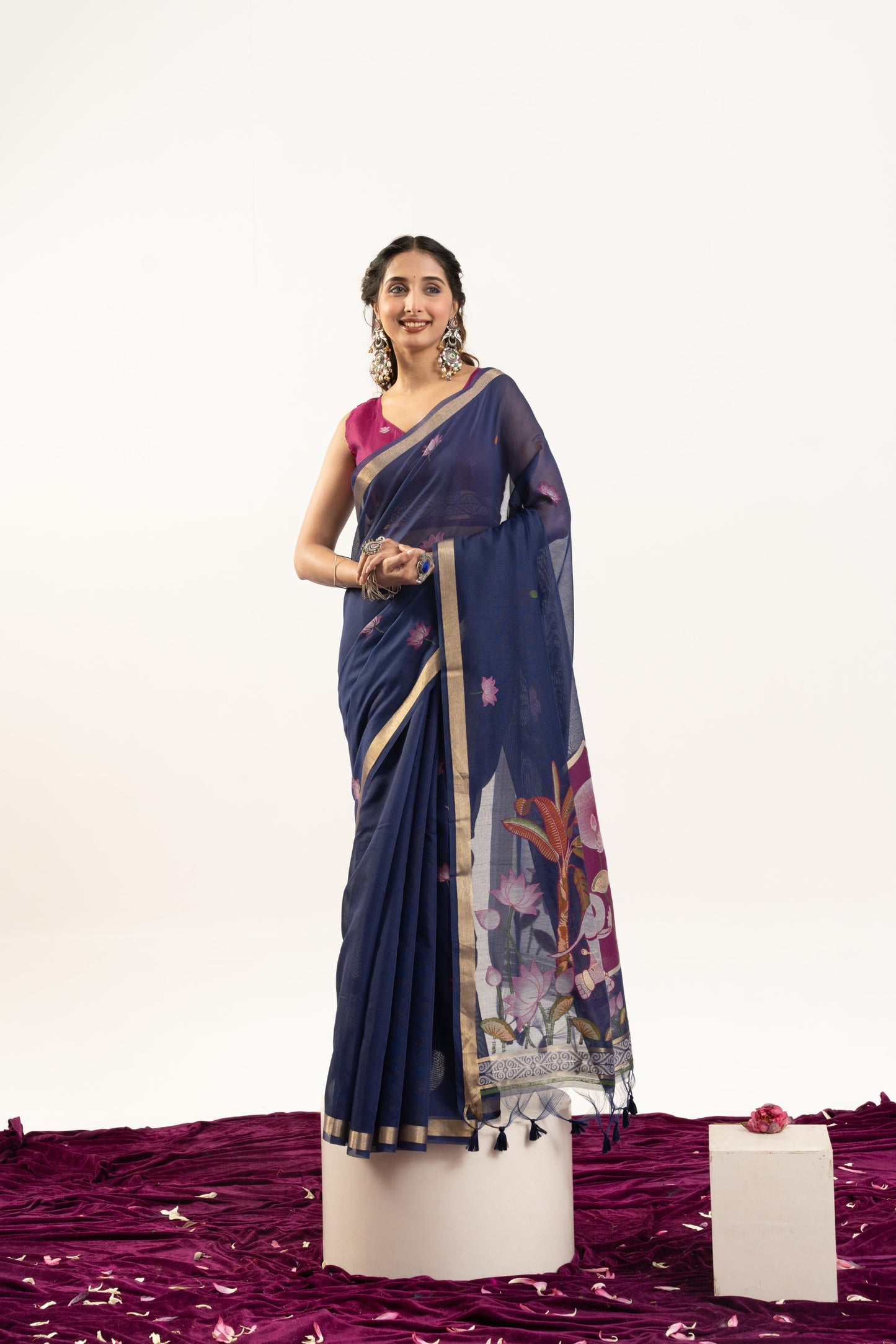 Jyoti Fashion Women's Navy Blue Soft Muga Cotton Zari Woven Saree with Blouse
