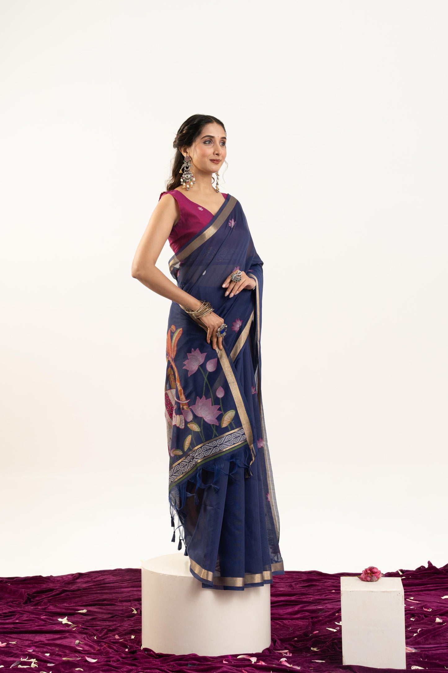Jyoti Fashion Women's Navy Blue Soft Muga Cotton Zari Woven Saree with Blouse