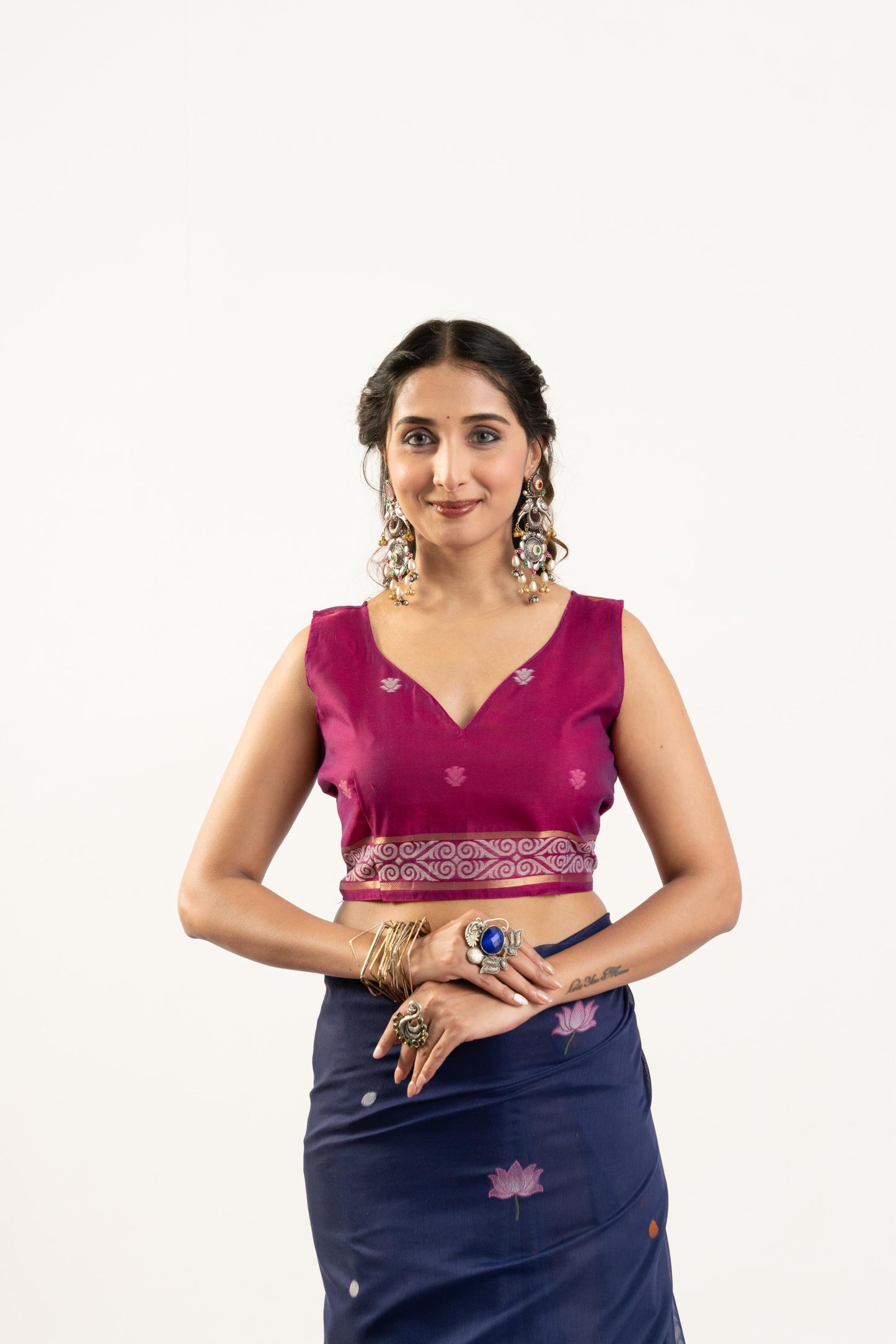 Jyoti Fashion Women's Navy Blue Soft Muga Cotton Zari Woven Saree with Blouse