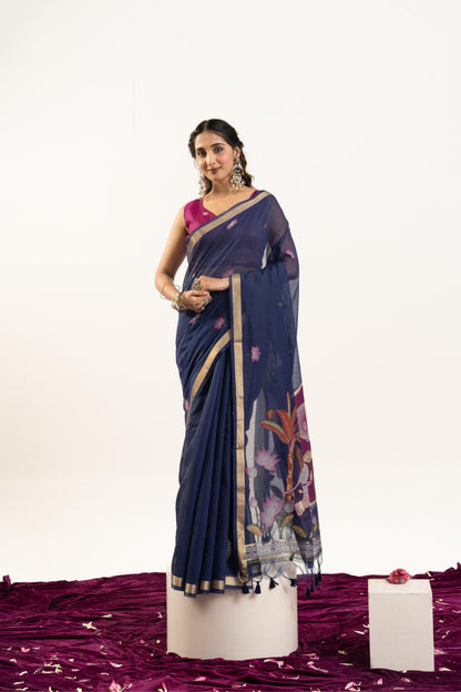 Jyoti Fashion Women's Navy Blue Soft Muga Cotton Zari Woven Saree with Blouse