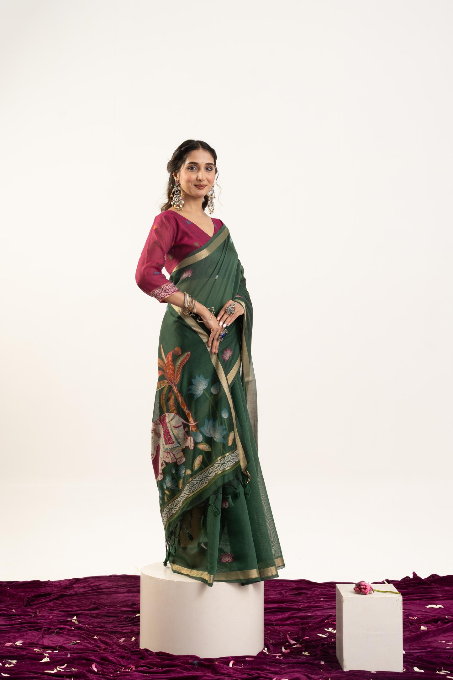 Jyoti Fashion Women's Bottle Green Soft Muga Cotton Zari Woven Saree with Blouse