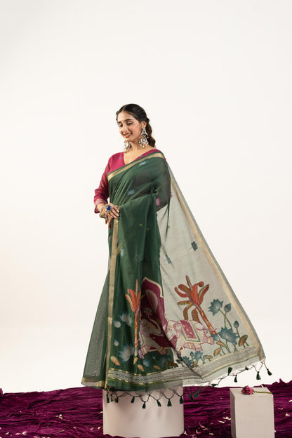 Jyoti Fashion Women's Bottle Green Soft Muga Cotton Zari Woven Saree with Blouse