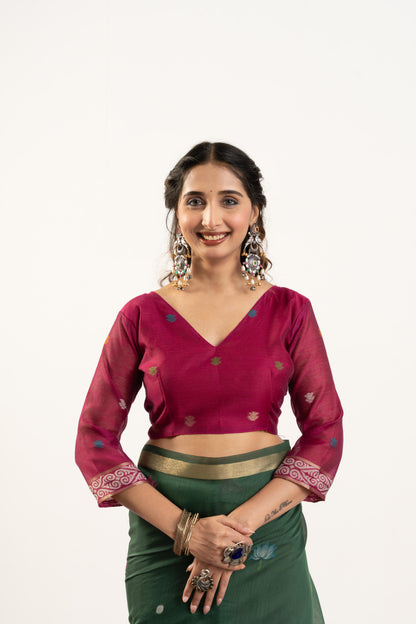 Jyoti Fashion Women's Bottle Green Soft Muga Cotton Zari Woven Saree with Blouse