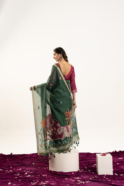 Jyoti Fashion Women's Bottle Green Soft Muga Cotton Zari Woven Saree with Blouse