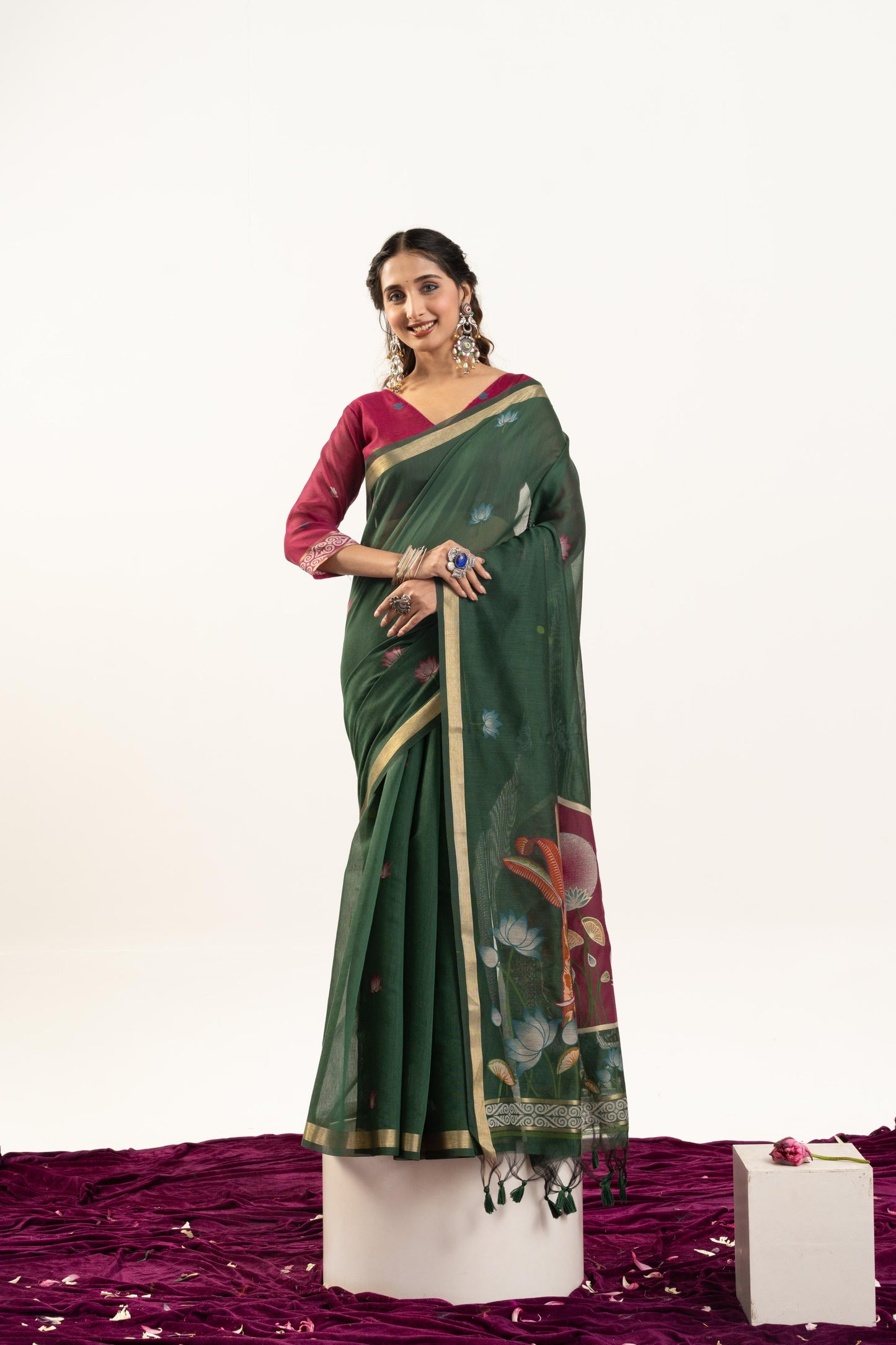 Jyoti Fashion Women's Bottle Green Soft Muga Cotton Zari Woven Saree with Blouse