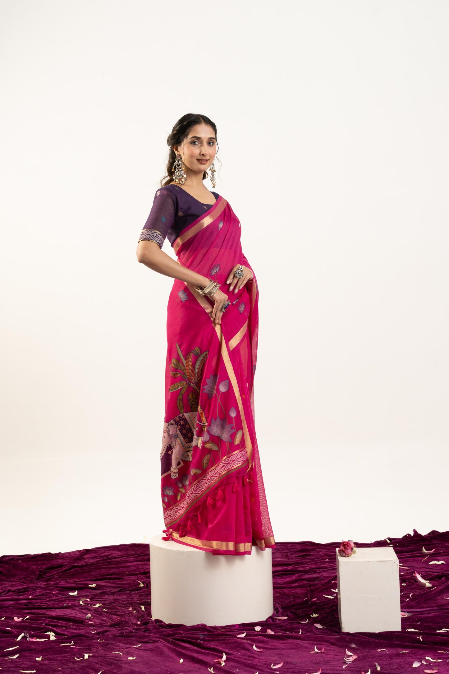 Jyoti Fashion Women's Pink Soft Muga Cotton Zari Woven Saree with Blouse