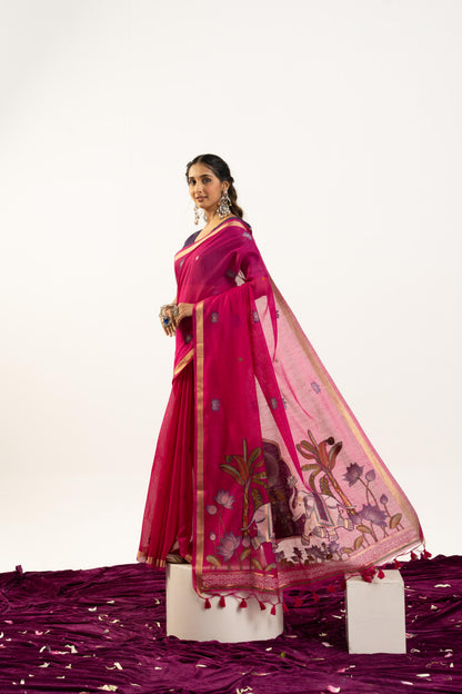 Jyoti Fashion Women's Pink Soft Muga Cotton Zari Woven Saree with Blouse