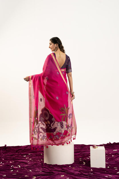 Jyoti Fashion Women's Pink Soft Muga Cotton Zari Woven Saree with Blouse