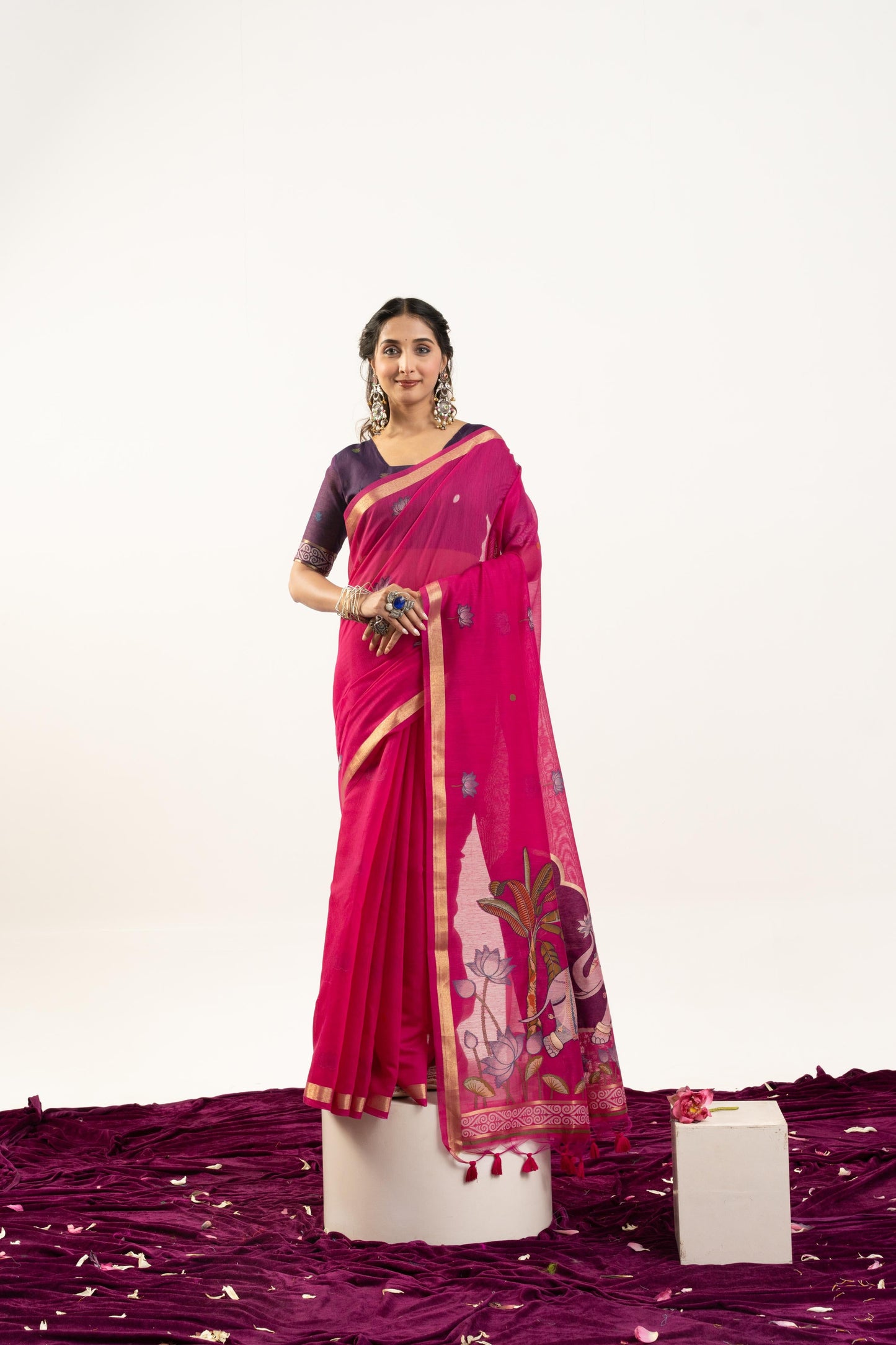 Jyoti Fashion Women's Pink Soft Muga Cotton Zari Woven Saree with Blouse