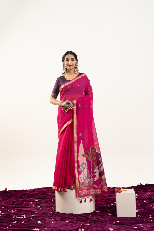 Jyoti Fashion Women's Pink Soft Muga Cotton Zari Woven Saree with Blouse