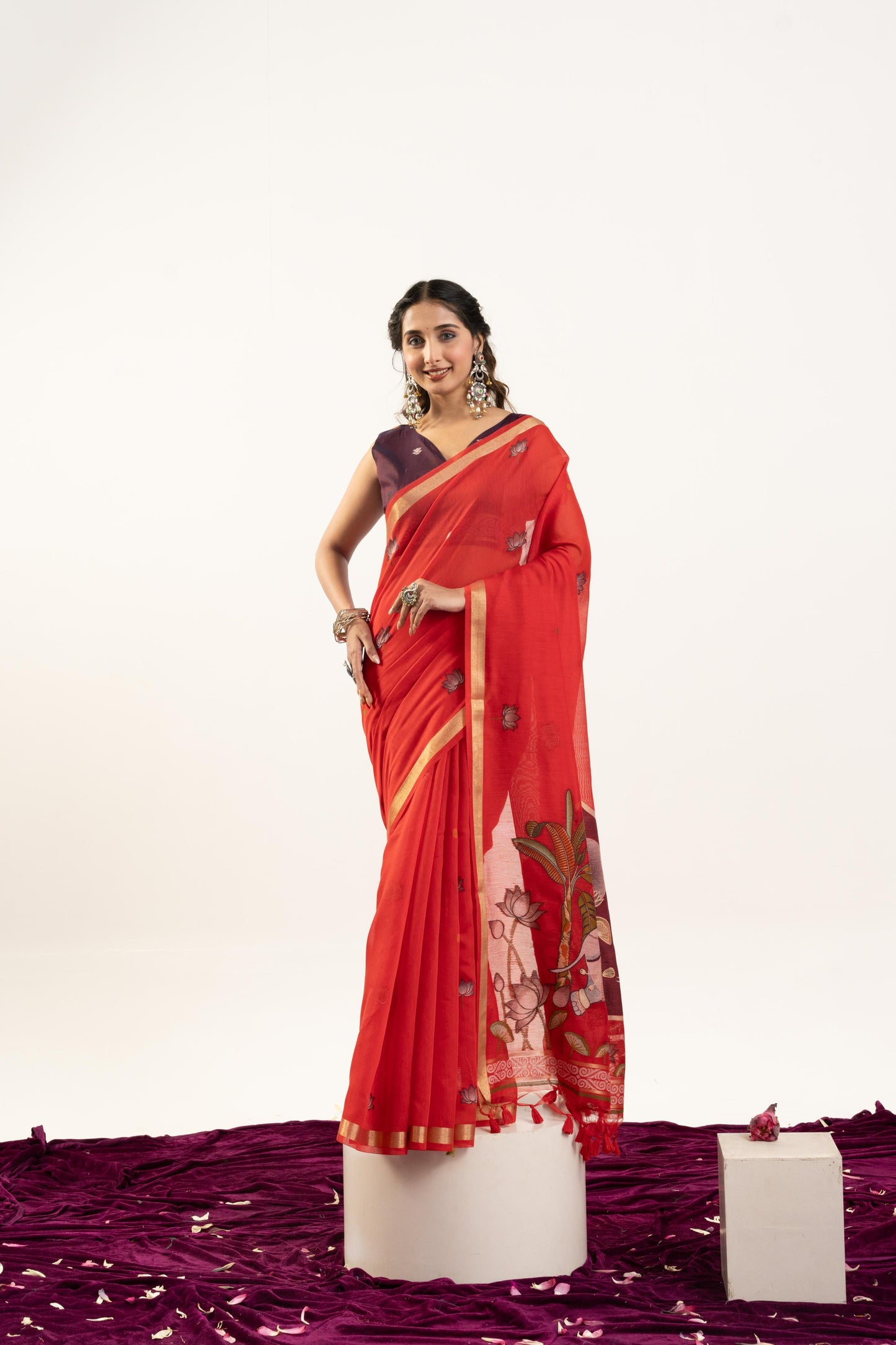 Jyoti Fashion Women's Red Soft Muga Cotton Zari Woven Saree with Blouse