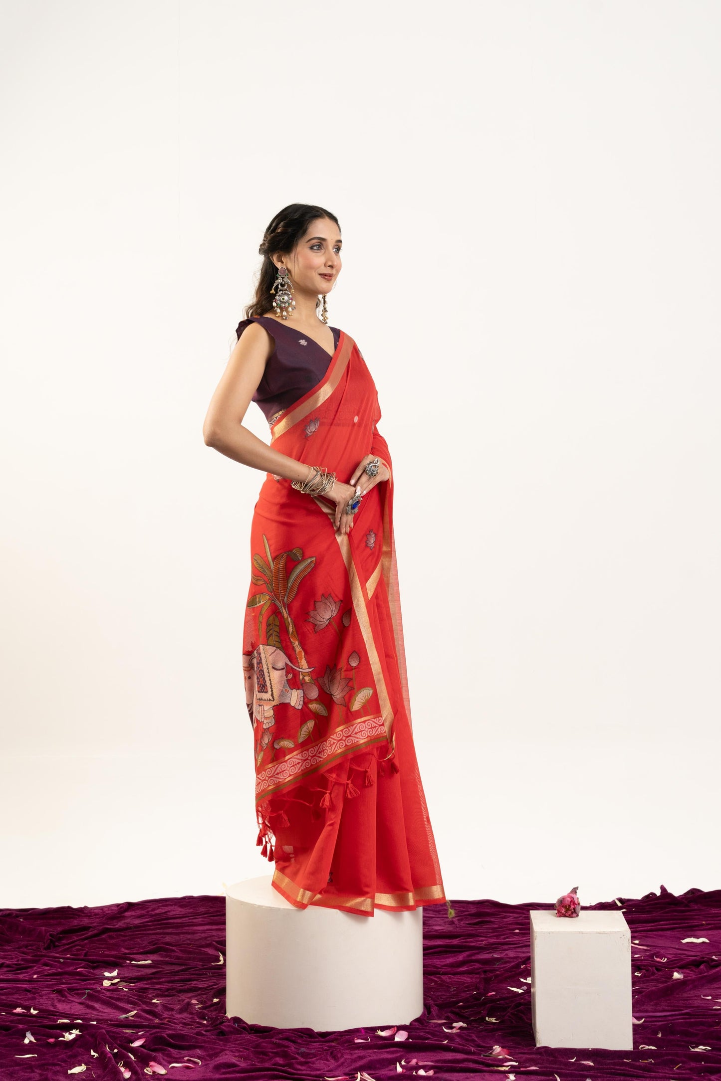 Jyoti Fashion Women's Red Soft Muga Cotton Zari Woven Saree with Blouse