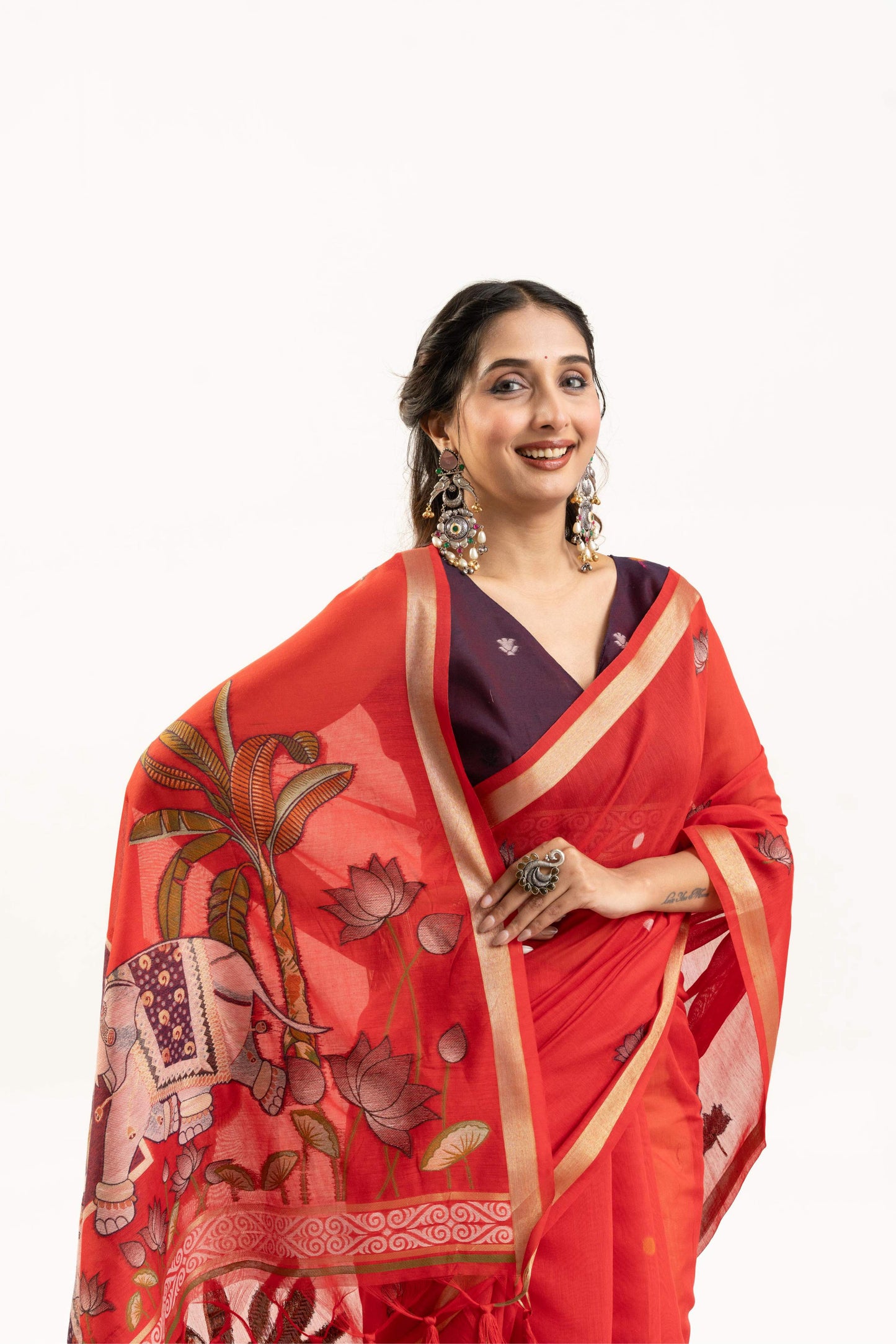 Jyoti Fashion Women's Red Soft Muga Cotton Zari Woven Saree with Blouse