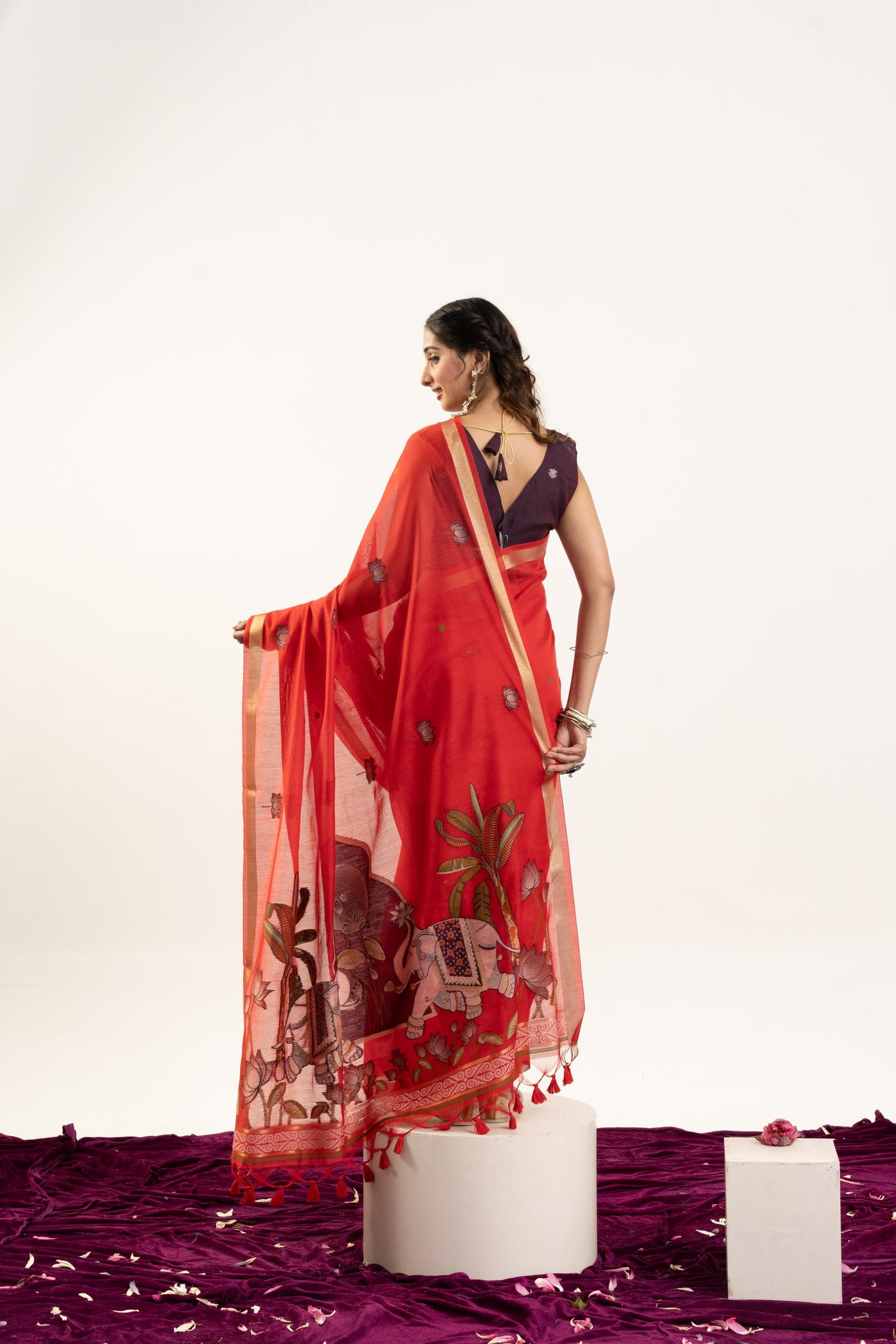Jyoti Fashion Women's Red Soft Muga Cotton Zari Woven Saree with Blouse