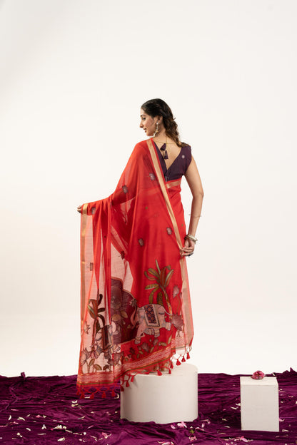 Jyoti Fashion Women's Red Soft Muga Cotton Zari Woven Saree with Blouse