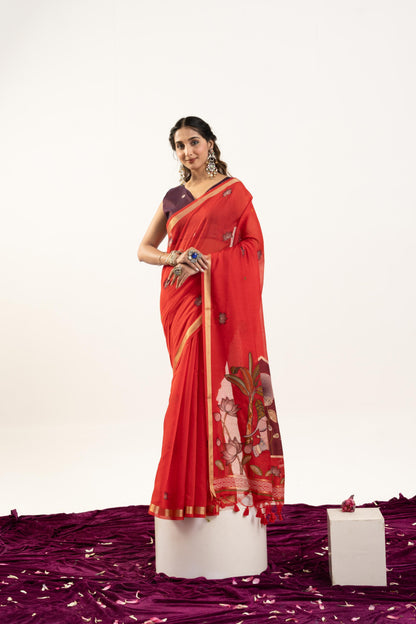 Jyoti Fashion Women's Red Soft Muga Cotton Zari Woven Saree with Blouse