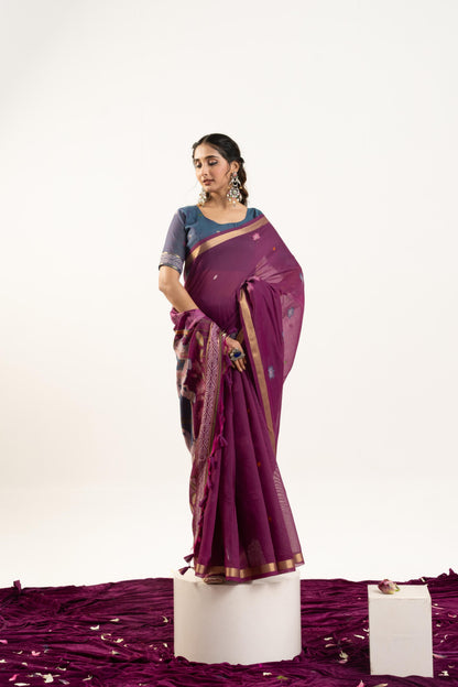 Jyoti Fashion Women's Wine Soft Muga Cotton Zari Woven Saree with Blouse