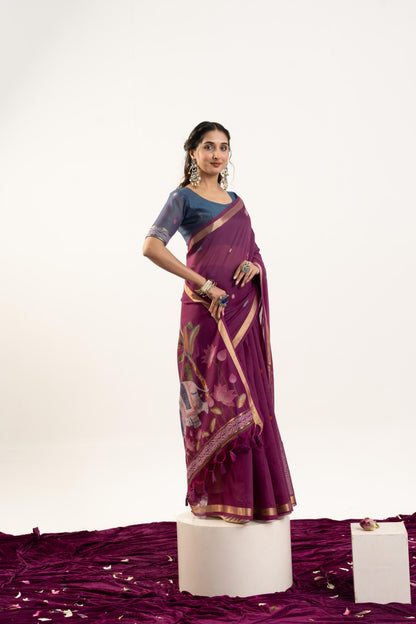 Jyoti Fashion Women's Wine Soft Muga Cotton Zari Woven Saree with Blouse