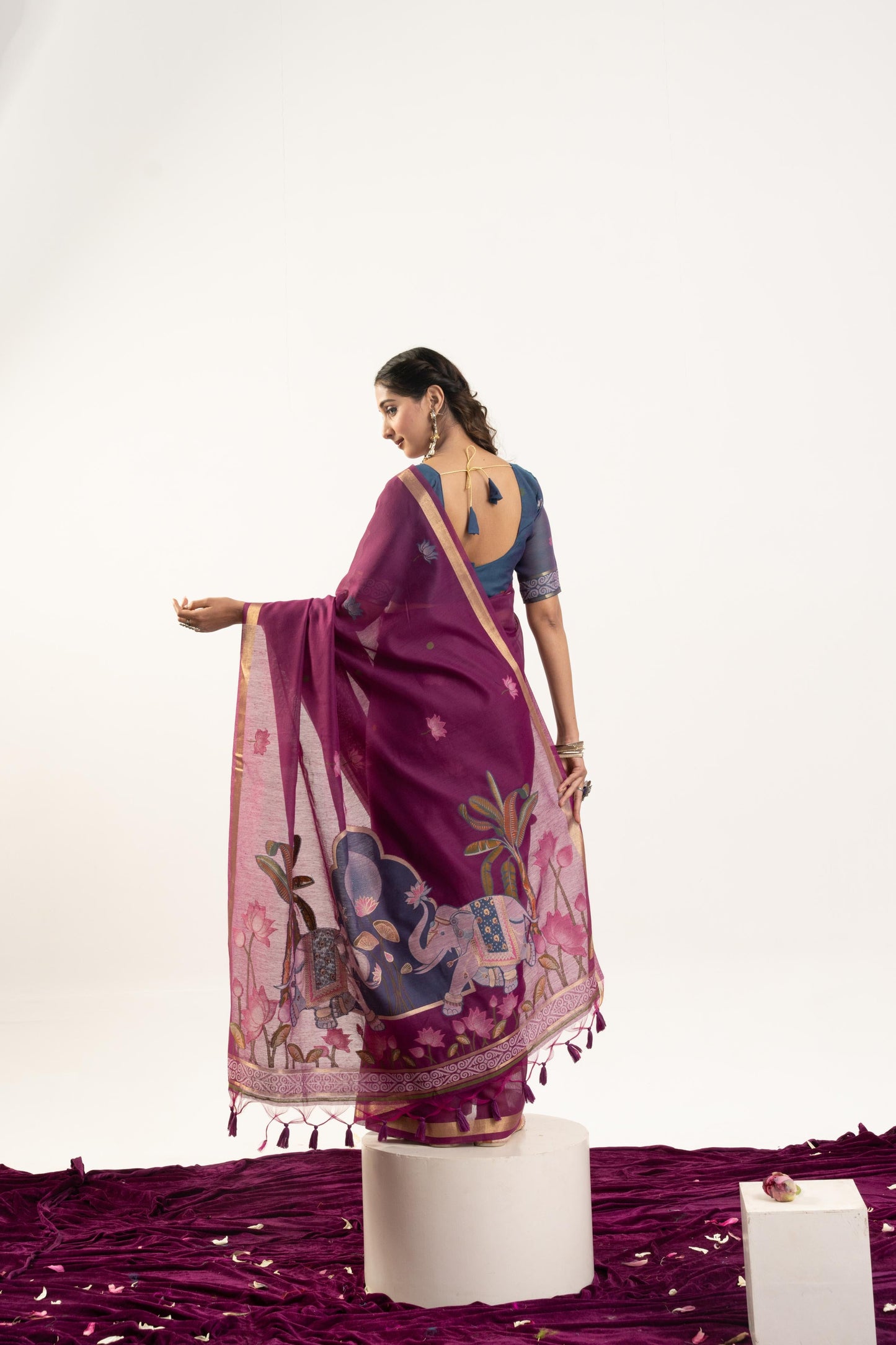 Jyoti Fashion Women's Wine Soft Muga Cotton Zari Woven Saree with Blouse