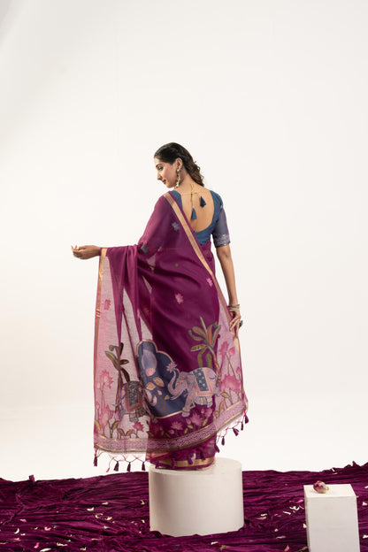 Jyoti Fashion Women's Wine Soft Muga Cotton Zari Woven Saree with Blouse