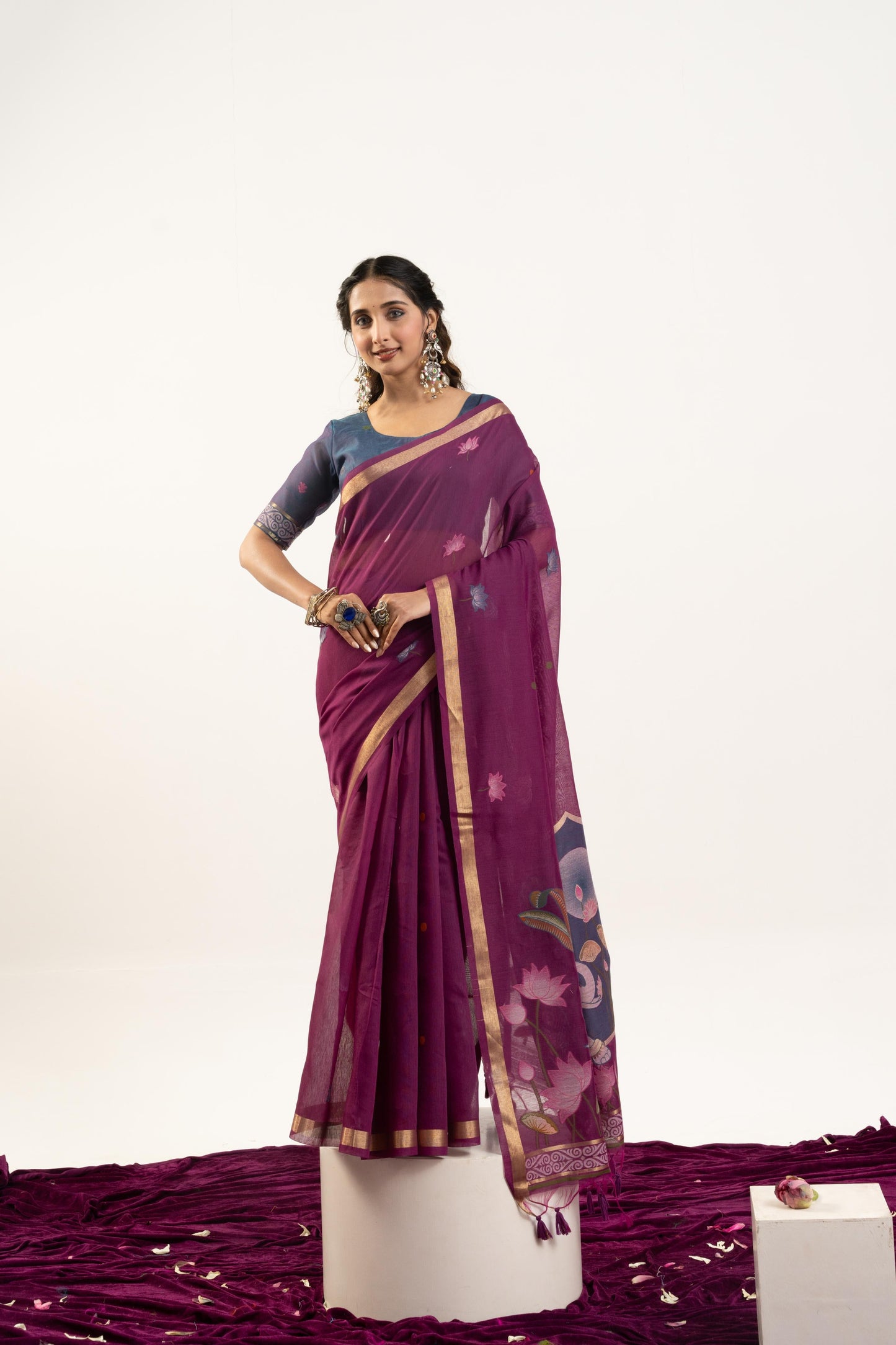 Jyoti Fashion Women's Wine Soft Muga Cotton Zari Woven Saree with Blouse