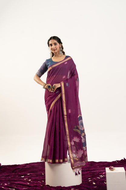 Jyoti Fashion Women's Wine Soft Muga Cotton Zari Woven Saree with Blouse