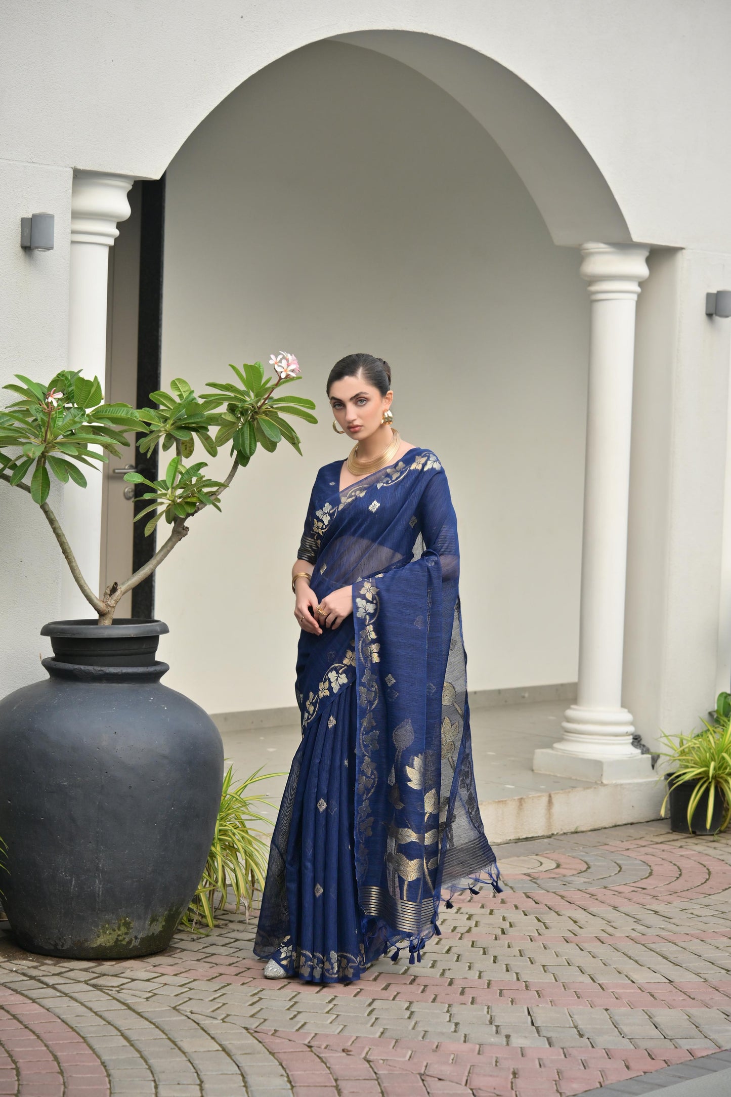 Jyoti Fashion Women's Navy Blue Soft Jute Linen Silk Zari Woven Saree with Blouse