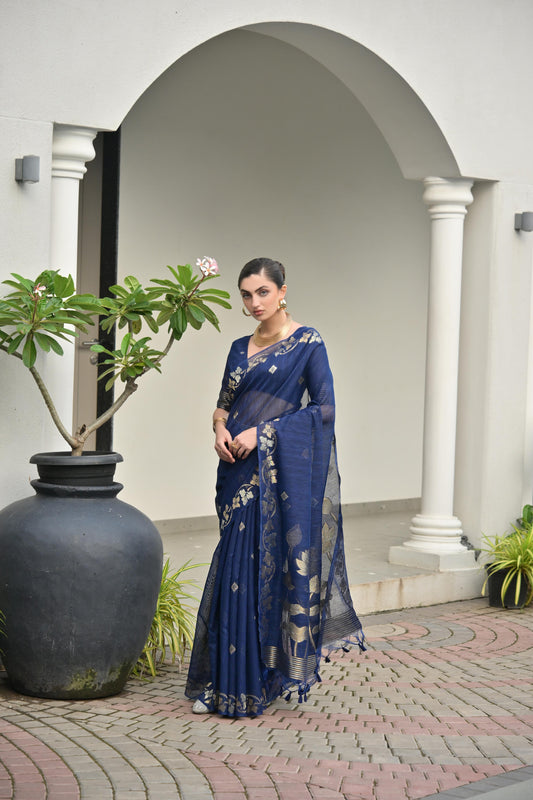 Jyoti Fashion Women's Navy Blue Soft Jute Linen Silk Zari Woven Saree with Blouse