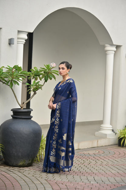 Jyoti Fashion Women's Navy Blue Soft Jute Linen Silk Zari Woven Saree with Blouse