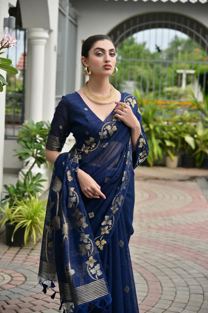 Jyoti Fashion Women's Navy Blue Soft Jute Linen Silk Zari Woven Saree with Blouse