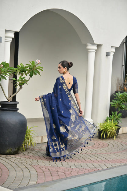 Jyoti Fashion Women's Navy Blue Soft Jute Linen Silk Zari Woven Saree with Blouse