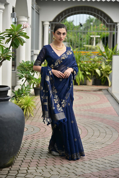 Jyoti Fashion Women's Navy Blue Soft Jute Linen Silk Zari Woven Saree with Blouse