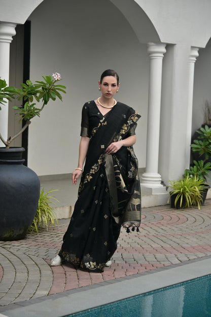 Jyoti Fashion Women's Black Soft Jute Linen Silk Zari Woven Saree with Blouse