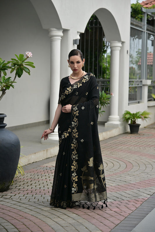 Jyoti Fashion Women's Black Soft Jute Linen Silk Zari Woven Saree with Blouse