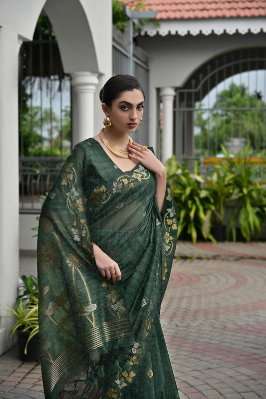 Jyoti Fashion Women's Bottle Green Soft Jute Linen Silk Zari Woven Saree with Blouse