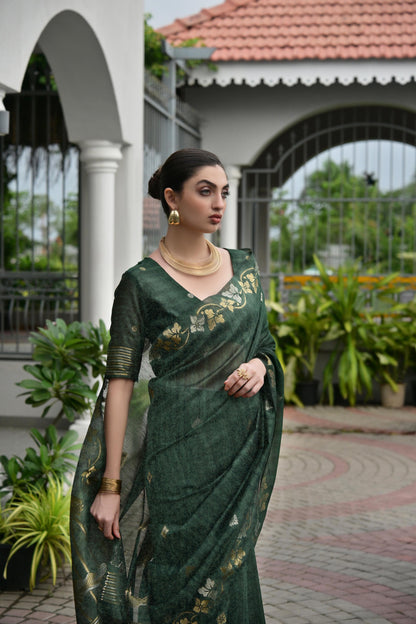 Jyoti Fashion Women's Bottle Green Soft Jute Linen Silk Zari Woven Saree with Blouse