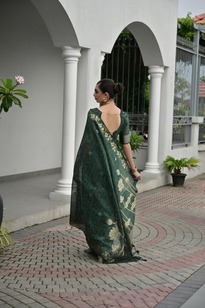Jyoti Fashion Women's Bottle Green Soft Jute Linen Silk Zari Woven Saree with Blouse