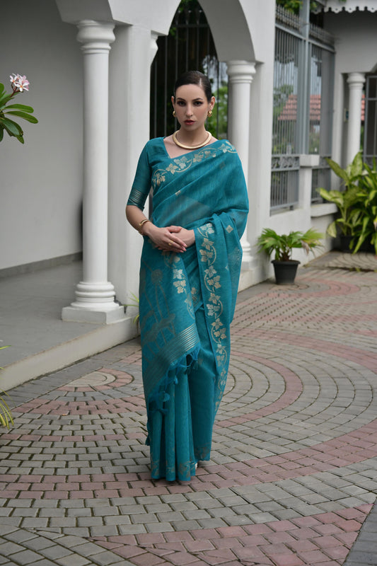 Jyoti Fashion Women's Firozi Soft Jute Linen Silk Zari Woven Saree with Blouse
