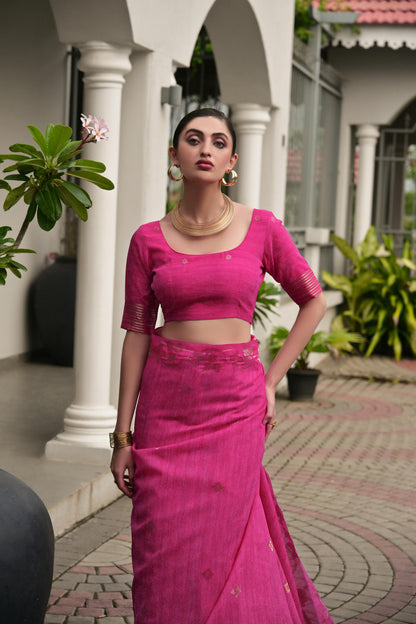 Jyoti Fashion Women's Pink Soft Jute Linen Silk Zari Woven Saree with Blouse