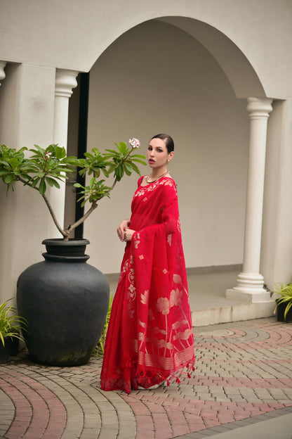 Jyoti Fashion Women's Red Soft Jute Linen Silk Zari Woven Saree with Blouse