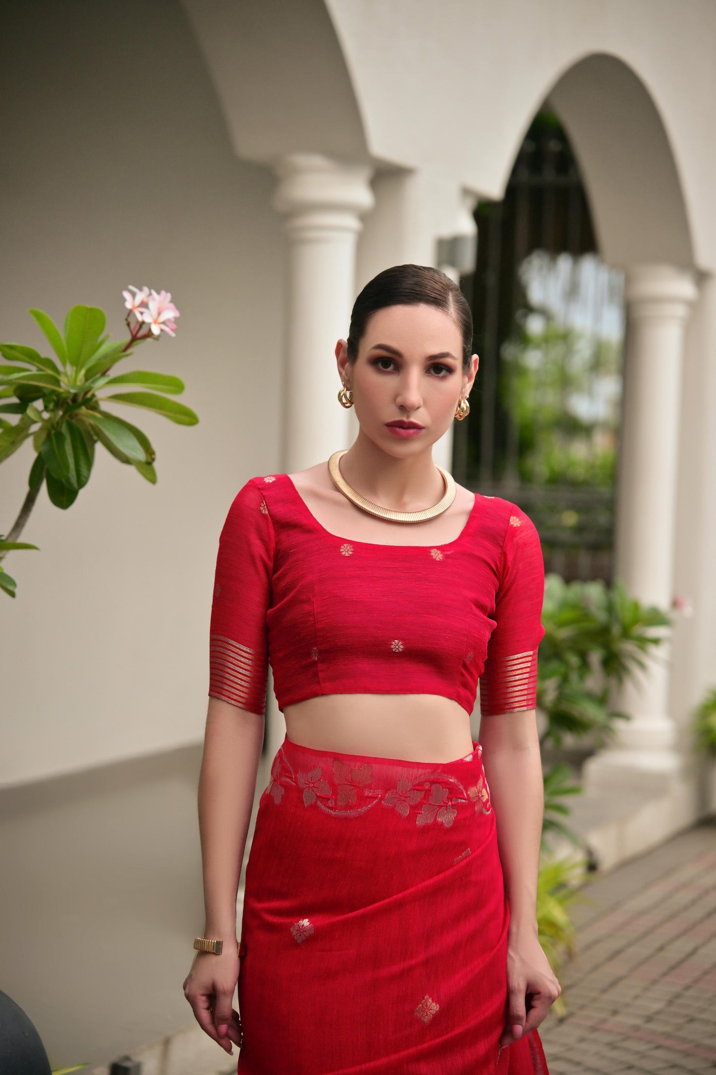 Jyoti Fashion Women's Red Soft Jute Linen Silk Zari Woven Saree with Blouse