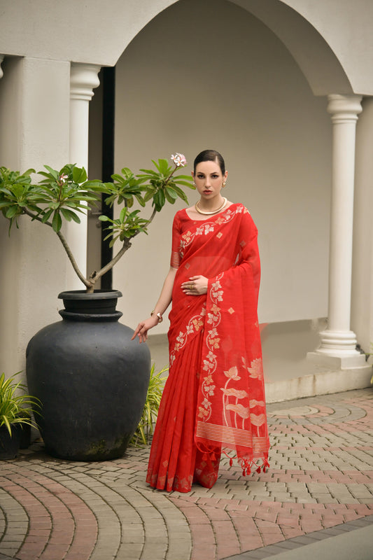 Jyoti Fashion Women's Red Soft Jute Linen Silk Zari Woven Saree with Blouse