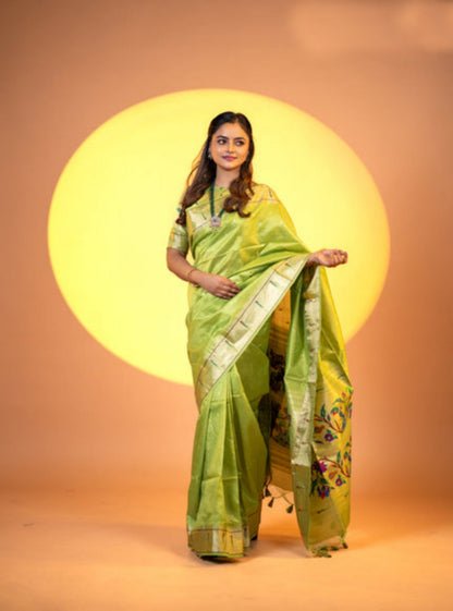 Jyoti Fashion Women's Mehendi Soft Khadi Raw Silk Zari Woven Saree with Blouse