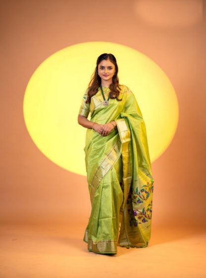 Jyoti Fashion Women's Mehendi Soft Khadi Raw Silk Zari Woven Saree with Blouse