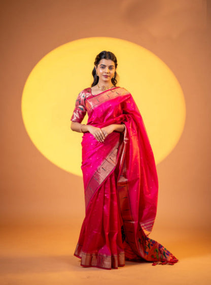 Jyoti Fashion Women's Pink Soft Khadi Raw Silk Zari Woven Saree with Blouse