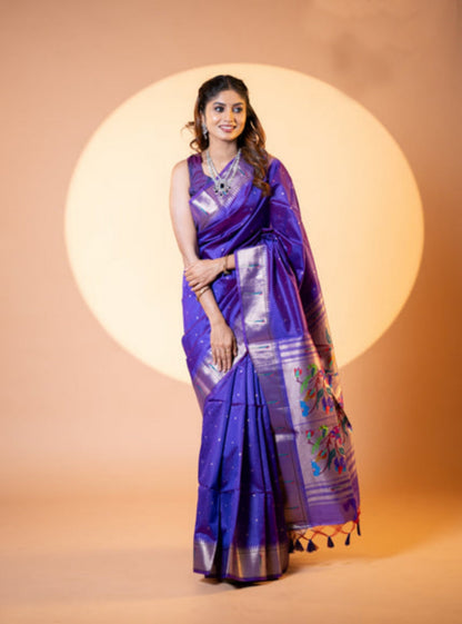 Jyoti Fashion Women's Royal Blue Soft Khadi Raw Silk Zari Woven Saree with Blouse